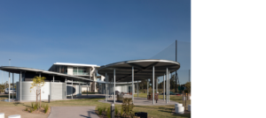KDV Golf and Tennis Academy, the pavilion's pods viewed from the west.