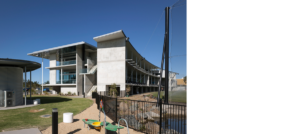 KDV Golf and Tennis Academy, western elevation, pavilion pods to left.